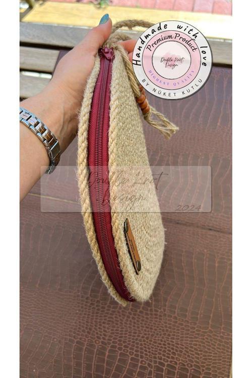 Yarım Ay D Clutch Portföy Çanta,Abiye Çanta, Jüt, Hasır, Hediyelik