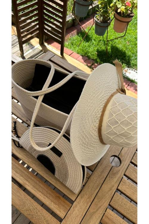 3Lü Takım Plaj Çantası , El Çantası Clutch, Şapka, Totebag, Kadın, Yazlık, Hediyelik