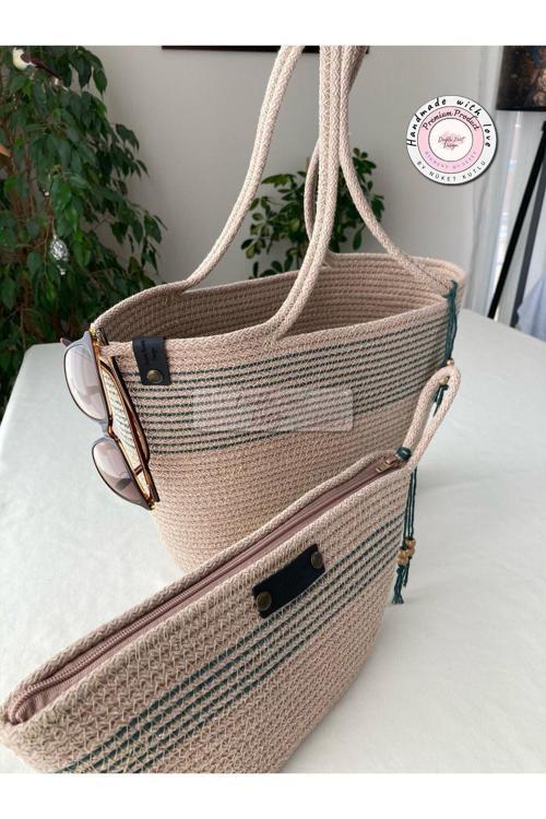 2Li Takım Plaj Çantası , El Çantası Clutch, Totebag, Kadın Çanta, Yazlık, Hediyelik, Hasır Jüt Tress