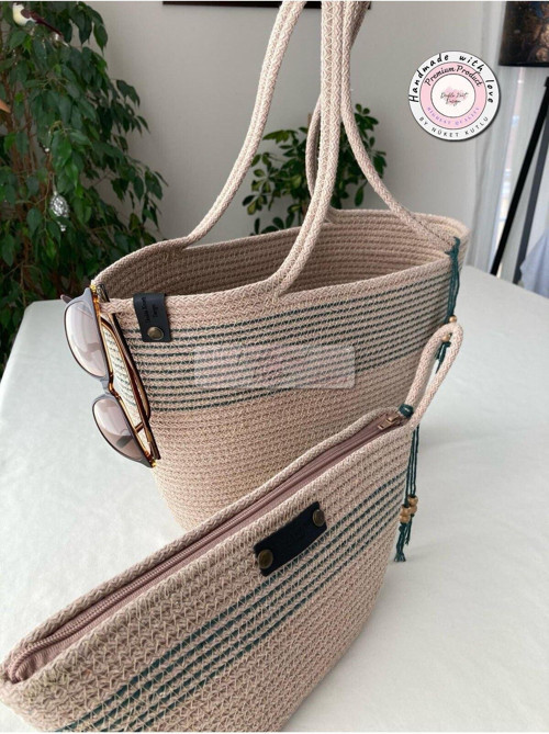 2Li Takım Plaj Çantası , El Çantası Clutch, Totebag, Kadın Çanta, Yazlık, Hediyelik, Hasır Jüt Tress