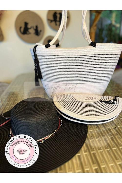 3Lü Takım Plaj Çantası , El Çantası Clutch, Şapka, Totebag, Kadın , Yazlık, Hediyelik,Anneler Günü