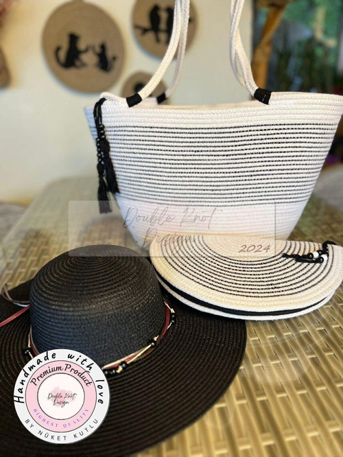 3Lü Takım Plaj Çantası , El Çantası Clutch, Şapka, Totebag, Kadın , Yazlık, Hediyelik,Anneler Günü