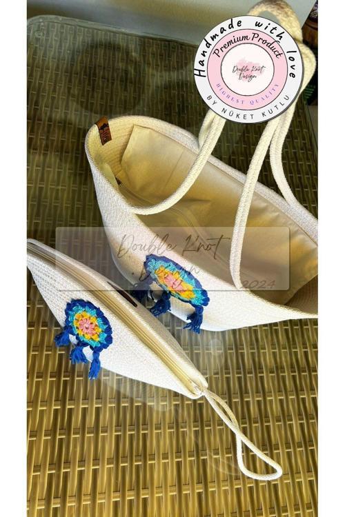 2Li Takım Plaj Çantası ,Dantel Detaylı Clutch, Totebag, Kadın Çanta, Yazlık, Hediyelik, Anneler Günü