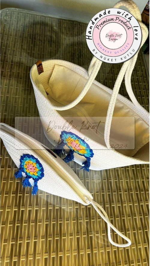 2Li Takım Plaj Çantası ,Dantel Detaylı Clutch, Totebag, Kadın Çanta, Yazlık, Hediyelik, Anneler Günü