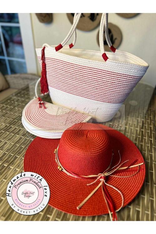 3Lü Takım Plaj Çantası , El Çantası Clutch, Şapka, Totebag, Kadın, Yazlık, Hediyelik Anneler Günü