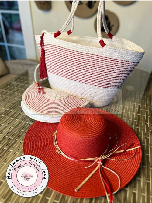 3Lü Takım Plaj Çantası , El Çantası Clutch, Şapka, Totebag, Kadın, Yazlık, Hediyelik Anneler Günü