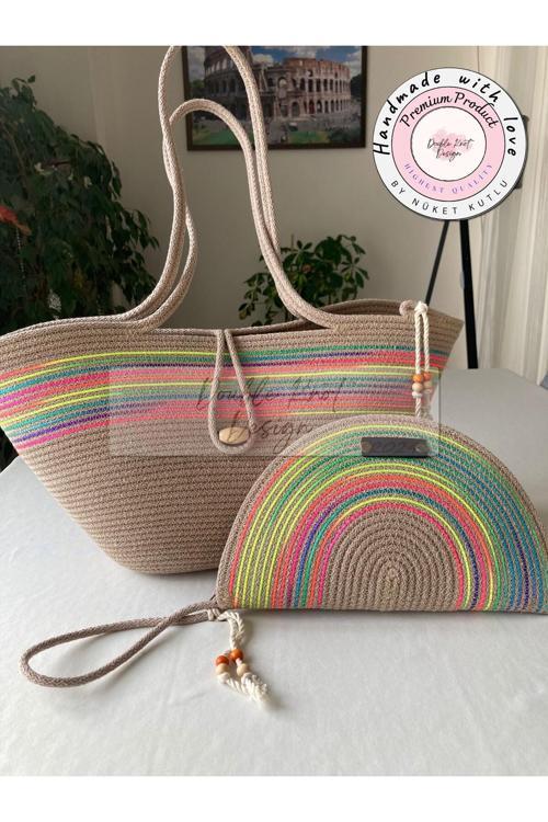 2Li Takım Plaj Çantası , El Çantası Clutch, Totebag, Kadın  Çanta, Yazlık, Hediyelik, Hasır Tress İp