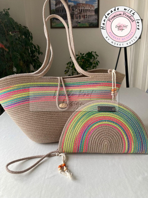 2Li Takım Plaj Çantası , El Çantası Clutch, Totebag, Kadın Çanta, Yazlık, Hediyelik, Hasır Tress İp