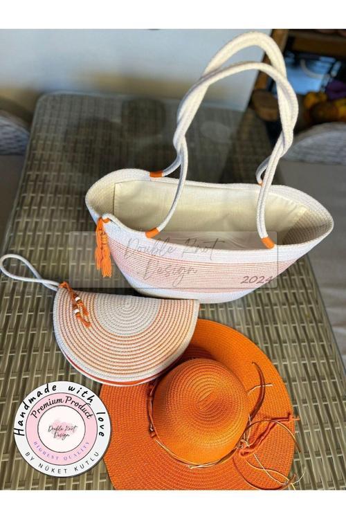 3Lü Takım Plaj Çantası , El Çantası Clutch, Şapka, Totebag, Kadın, Yazlık, Hediyelik Anneler Günü