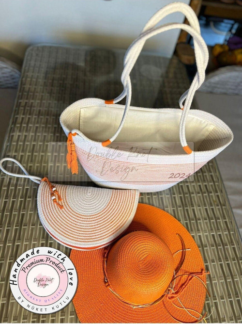 3Lü Takım Plaj Çantası , El Çantası Clutch, Şapka, Totebag, Kadın, Yazlık, Hediyelik Anneler Günü