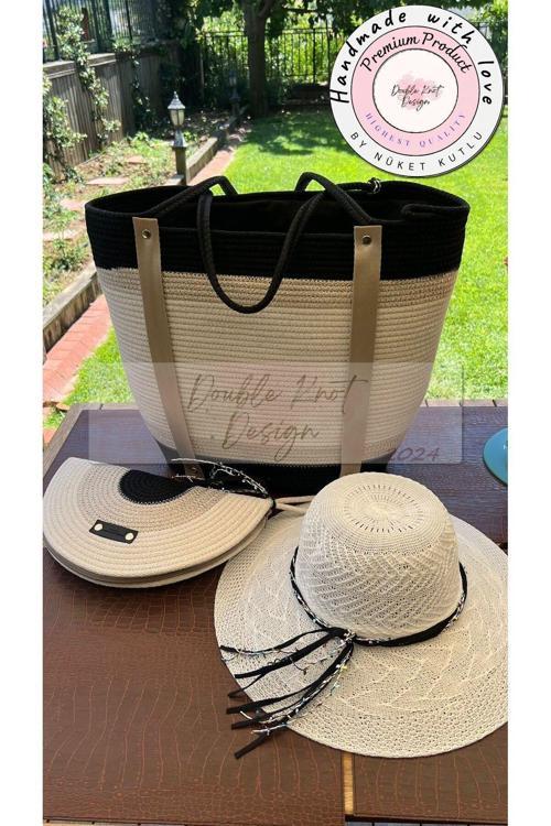 Elegance 3 Lü Takım Plaj El Çantası Clutch Şapka Totebag Kadın Yazlık Hediyelik