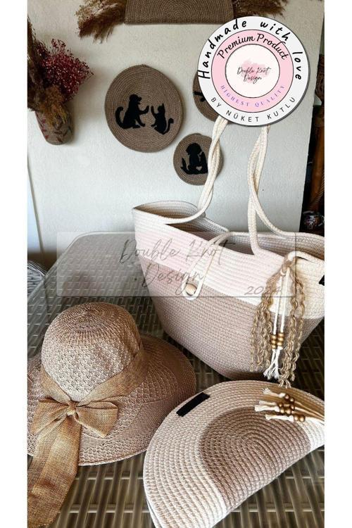 3Lü Takım Plaj Çantası , El Çantası Clutch, Şapka, Totebag, Kadın, Yazlık, Hediyelik, Anneler Günü