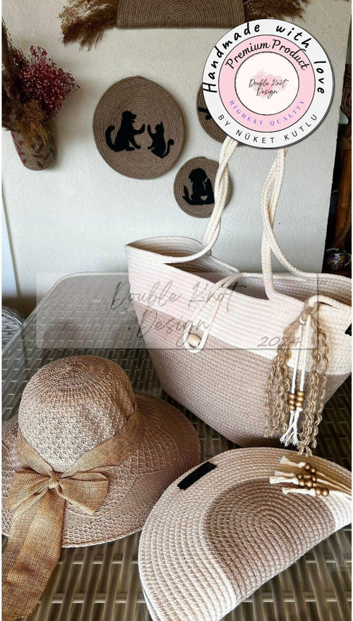 3Lü Takım Plaj Çantası , El Çantası Clutch, Şapka, Totebag, Kadın, Yazlık, Hediyelik, Anneler Günü