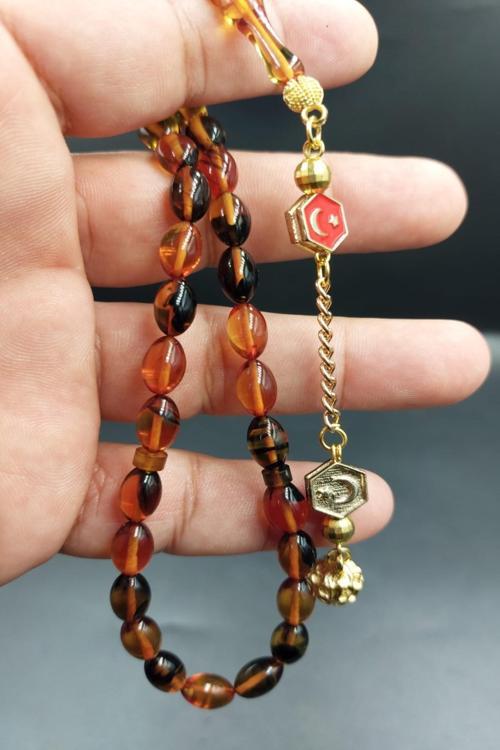 Sarı Siyah Arpa Kesim Ateş Kehribar Tespih (AHŞAP KUTULU)