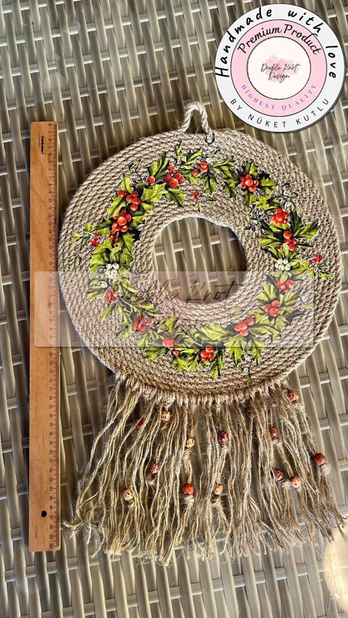Şık Dekoratif Çelenk Kapı Süsü- Hediyelik Sevgililer Günü Hasır Jüt Tress