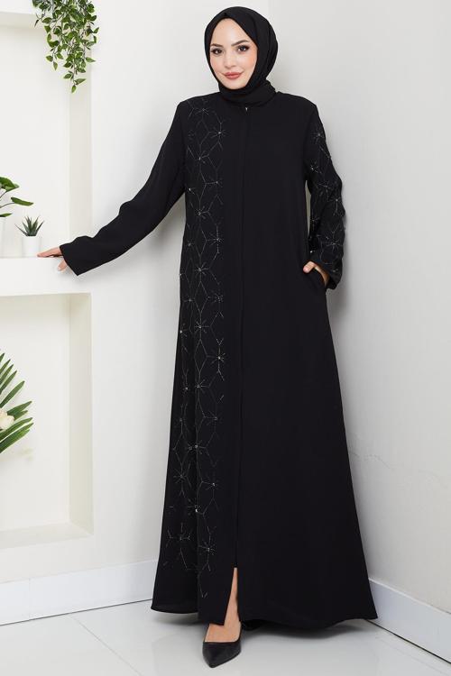 Gizli Patlı Yarım Taşlı Ferace Siyah HM2860