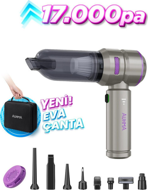 Ahv-02 Kablosuz Araç Içi Süpürge Mor | 17000PA Güçlü Vakum | Fırçasız Motor | Üfleme & Vakum Özellikli | 9 Başlık