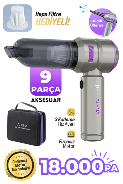 Ahv-02 Kablosuz Araç Içi Süpürge Mor | 17000PA Güçlü Vakum | Fırçasız Motor | Üfleme & Vakum Özellikli | 9 Başlık