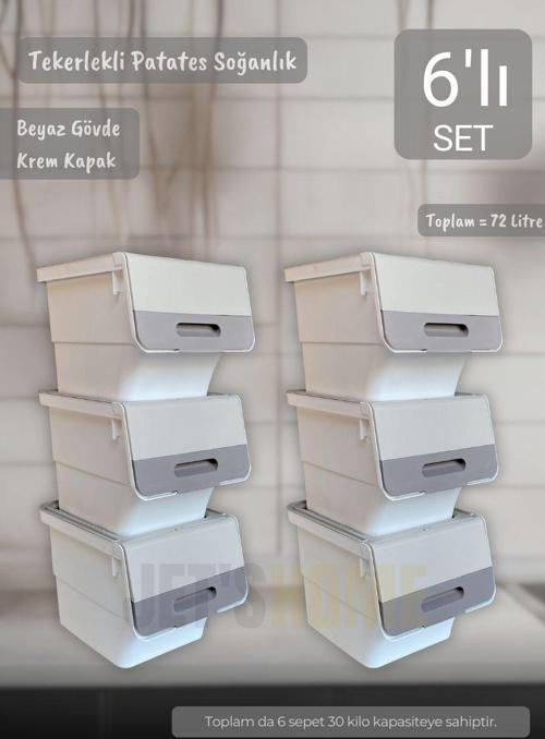 6'lı Krem Beyaz Tekerlekli Sebzelik Patates Soğan Sepeti Organizer Kutu Soğanlık Patateslik 72 L