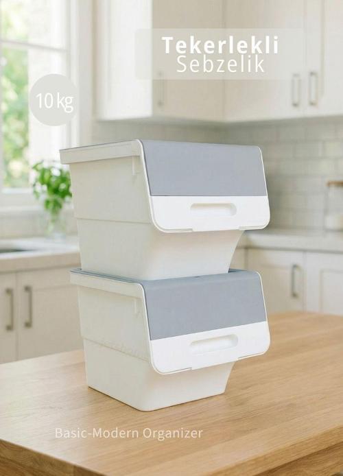 2’li Gri Tekerlekli Sebzelik Patates Soğan Sepeti Modern Organizer Patateslik Basic Soğanlık 24 L