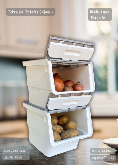 2’li Gri Tekerlekli Sebzelik Patates Soğan Sepeti Modern Organizer Patateslik Basic Soğanlık 24 L