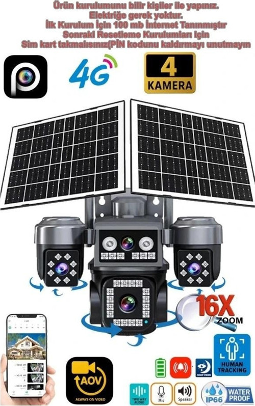 4 Lens AOV Solar 4 Kameralı Smart +4G SİM Kartlı Güvenlik Kamerası Güneş Enerjili 360? HD 4MP