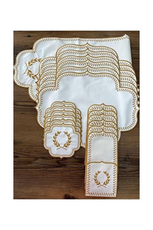 Amerikan Servis Ve Masa Örtüsü 6 Kişilik 19 Parça Runner Seti Nakışlı Yemek Sunum Takımı