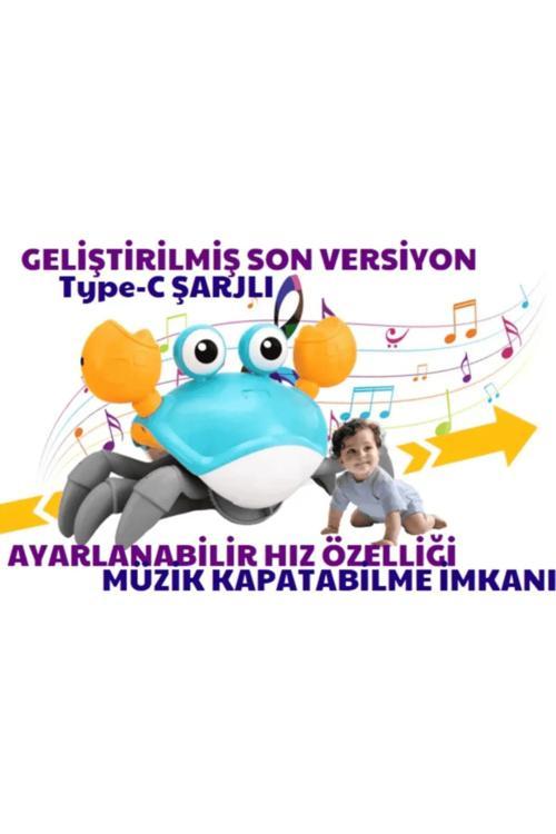 Emeklemeye Yardımcı 3 Hız Kademeli Kapatıp Açılabilen Müzikli Sensörlü Şarjlı Yengeç Oyuncak (Mavi)