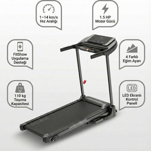 Katlanabilir Uygulamalı Dijital Koşu & Yürüyüş Bandı – 1.5 HP Motor, 4 Kademeli Eğim
