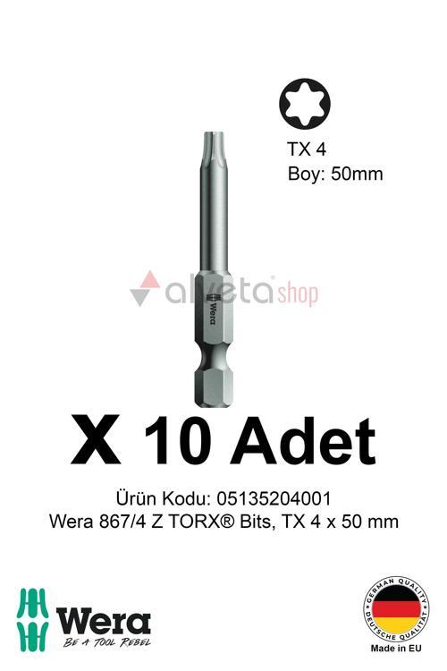 Wera 867/4 Z TORX TX4 x 50mm Tornavida Ucu 10 Adet | Torx Vidalama Bits Seti Profesyonel Seri