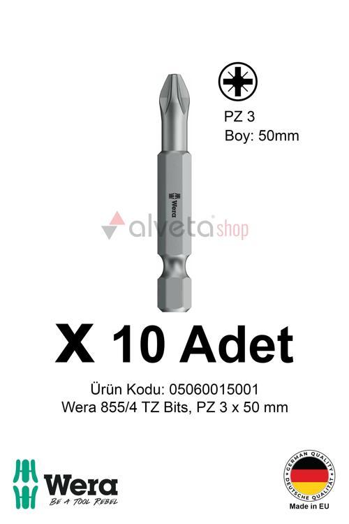 Wera 855/4 TZ PZ3 x 50mm Tornavida Ucu 10 Adet | Pozidriv Vidalama Bits Seti Profesyonel Seri