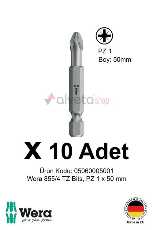 Wera 855/4 TZ PZ1 x 50mm Tornavida Ucu 10 Adet | Pozidriv Vidalama Bits Seti Profesyonel Seri