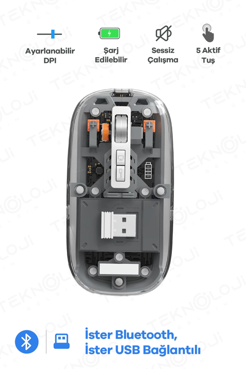 Bluetooth Usb Çift Modlu Sessiz Mouse, Şeffaf Mıknatıslı Kapaklı, Type-c Şarjlı, Dpı Ayarlı, Kablosuz 10m Çekim Mesafeli