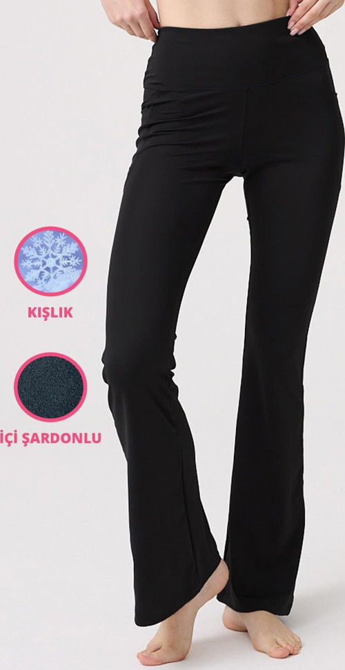 Siyah Şardonlu Yüksek Bel İspanyol Paça Kadın Tayt