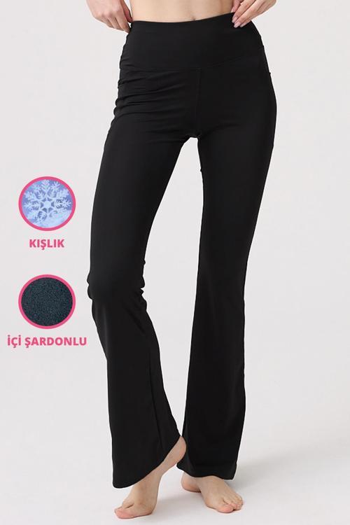 Siyah Şardonlu Yüksek Bel İspanyol Paça Kadın Tayt