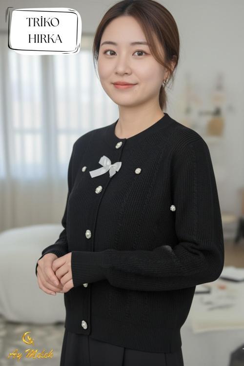 Kadın Triko Bisiklet Yaka Fiyonklu Düğmeli Hırka