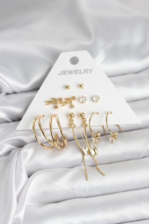 Pirinç Gold Renk 6 Çiftli Kadın Küpe Seti - EBJ251025W38254