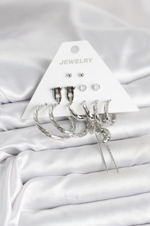 Gümüş Renk Pirinç 6'lı Kadın Küpe Seti - EBJ251025W38262