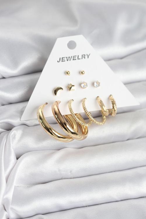 Gold Renk 6 Çiftli Pirinç Kadın Küpe Seti - EBJ251025W38250