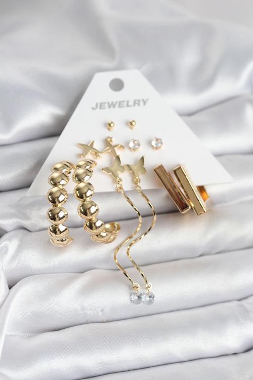 Gold Renk Pirinç 6 Çift Kadın Küpe Seti - EBJ251025W38255