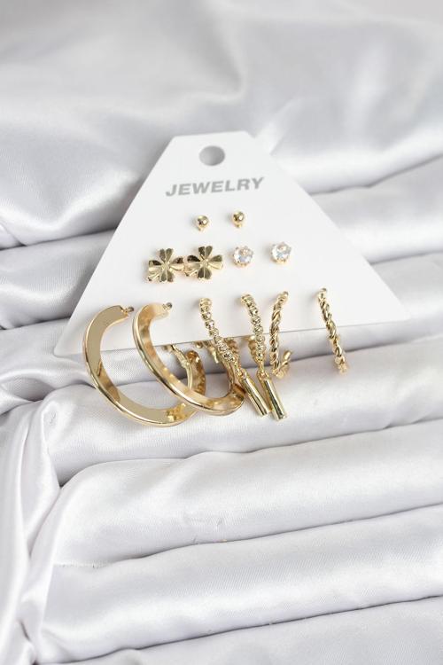 Pirinç Gold Renk 6 Çift Kadın Küpe Seti - EBJ251025W38252