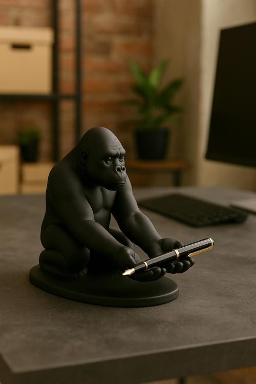 3D Siyah Goril Figürlü Dekoratif Telefon, Tablet Standı, Kalem Tutucu Heykel, Masaüstü Organizer