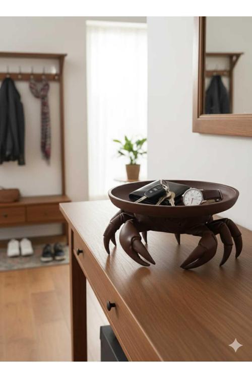 3D Dekoratif Yengeç Figürü Kahverengi Pratik Ev Gereçleri Sunum Tabak 16 X 16 Cm