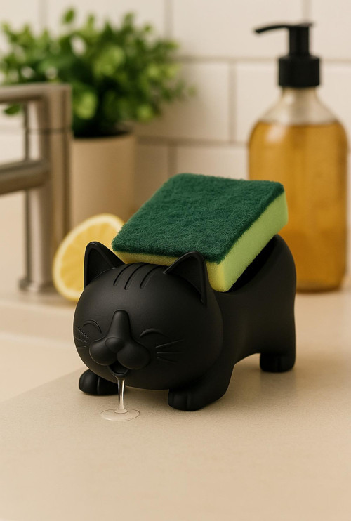 Dekoratif Kedi Figürlü Sabunluk & Süngerlik Şık Ve Sevimli Banyo, Mutfak Aksesuarı Çok Amaçlı