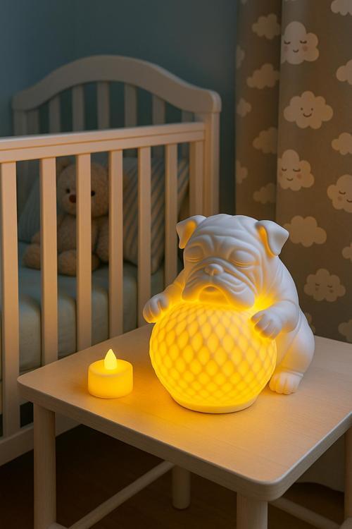 Bulldog Tasarımlı 3D Dekoratif Masa Lambası, Estetik Çocuk Odası Gece Lambası, Tealight 25 X 25 Cm