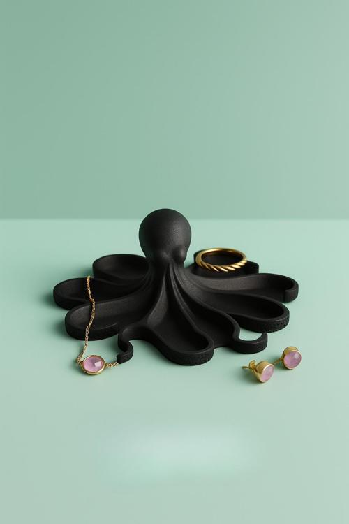 Siyah Ahtapot Figürlü Sunumluk Banyo Sabunluk, Kahvaltı Tabağı, Takı Organizeri, Mumluk 14 X 14 Cm