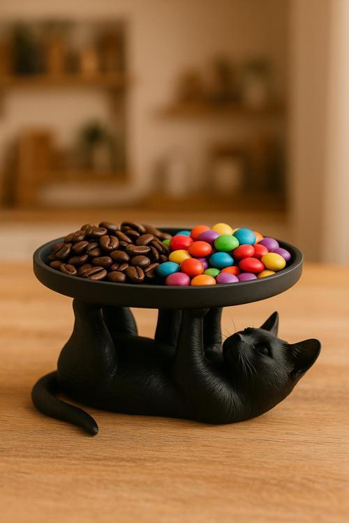 Siyah Kedi Figürlü Sunumluk Banyo Sabunluk, Kahvaltı Tabağı, Takı Organizeri, Mumluk 14 X 14 Cm