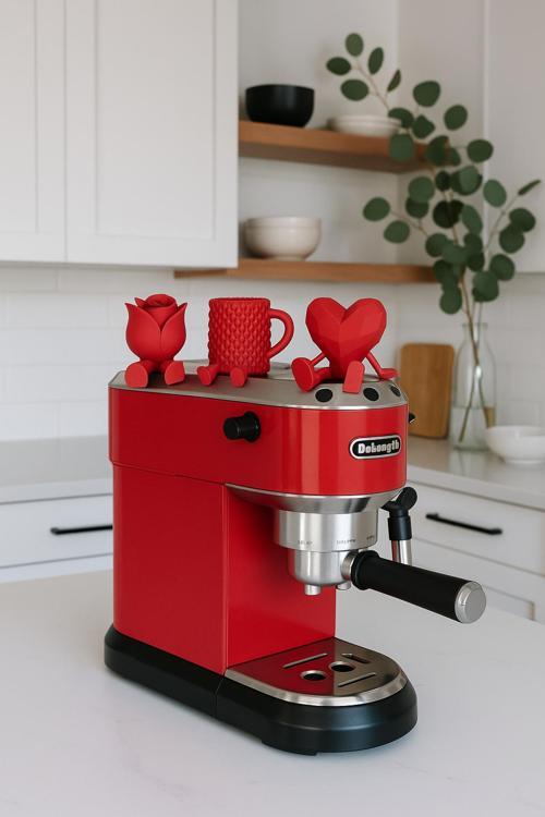 Dekoratif Kalp Gül Ve Kahve Figürü Kahve Sever Obje 3'Lü Set 9 X 7 Cm