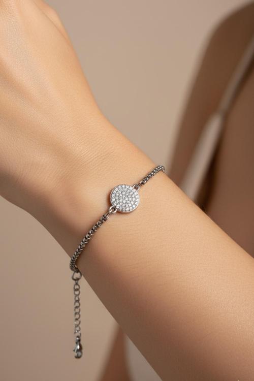 Gümüş Renk Yuvarlak Beyaz Taşlı Model Arnavut Zincir Çelik Bileklik - 3678