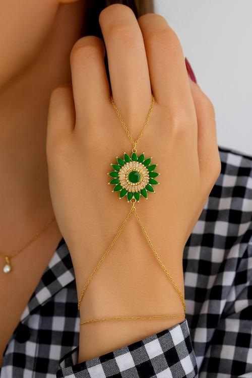 Altın Renk Güneş Yeşil Taş Çelik Şahmeran - 3517